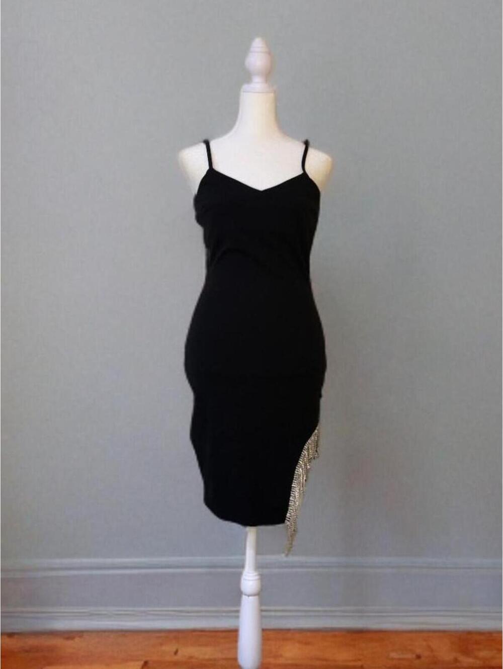 Black Bodycon Midi Cocktail Dress with Rhinestone Fringe Hem Asymmetric Slit